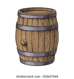 Side View Of Standing Wooden Barrel, Sketch Style Vector Illustrations Isolated On White Background. Wine, Rum, Beer Classical Wooden Barrel, Hand-drawn Vector Illustration, Side View