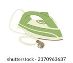 Side view of steam iron press with cord and plug isolated on white background. Domestic electric appliance for housework. Colorful graphic flat vector illustration.