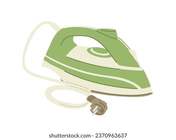 Side view of steam iron press with cord and plug isolated on white background. Domestic electric appliance for housework. Colorful graphic flat vector illustration.