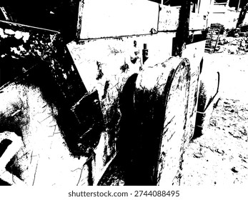 Side view steam roller stencil illustration, black and white heavy machinery road roller, gritty industrial construction equipment silhouette for graphic design.
