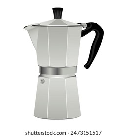 Side view of stovetop or electric moka pot aluminium coffee maker isolated on white. Editable realistic EPS 10 vector graphic illustration.