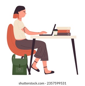 Side view of student girl at table. University pupil using laptop vector illustration