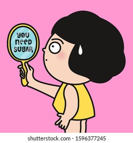 Side View Of Stunned Woman Holding Up Mirror With Text You Need Sugar Reflection Concept Card Character illustrstion