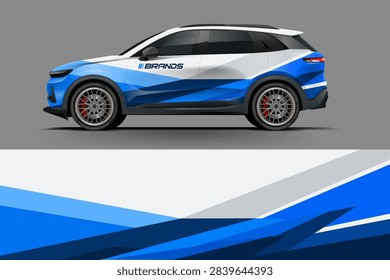 Side view of a stylish blue and white SUV with custom branding logo on the door featuring three diagonal stripes and text.