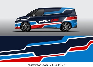 Side view of a stylish car with wrap design featuring blue, red, and white stripes and text reading Wrap Car