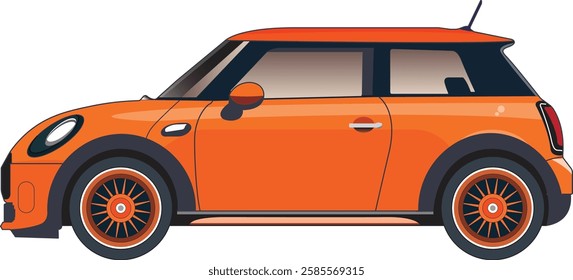 Side View of a Stylish Orange Mini Cooper with Black Roof and Unique Orange Wheels - Iconic Car Design