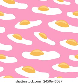Side view of sunny side up fried eggs with bright yellow yolks on pink backdrop. Pink breakfast vector seamless pattern for printing on different materials or use in graphic design projects.