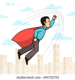 Side view of superhero man wearing red cloak with hand up flying over city. Vector illustration.