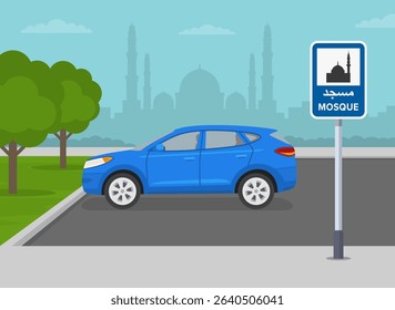 Side view of suv car parked on outdoor parking beside islamic religious building. "Mosque" road sign in arab world. Flat vector illustration template.