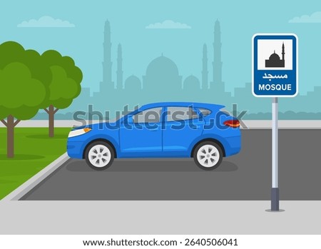 Side view of suv car parked on outdoor parking beside islamic religious building. "Mosque" road sign in arab world. Flat vector illustration template.