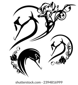 side view swan bird head and rose flower decor - black and white vector design