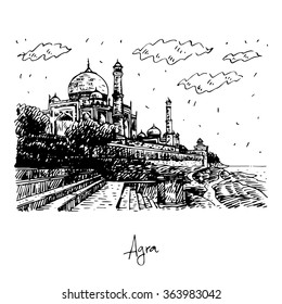 Side view of the Taj Mahal and Yamuna River. Agra, India. Vector freehand pencil sketch. 