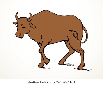Side view tame pet tail leg go look ranch zoo field white text space scene. Dark black hand drawn outline line big herd old head islam cartoon art hoof beast retro ancient bible artist logo sign icon 