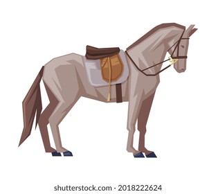 Side View of Thoroughbred Racing Horse with Saddle, Derby, Equestrian Sport Vector Illustration