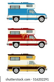 Side view of three retro pick up campers. Flat vector.