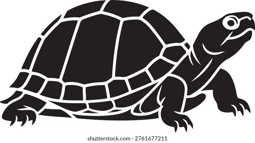 Side view of tortoise silhouette with patterned shell, slow moving reptile symbol for nature and biology education