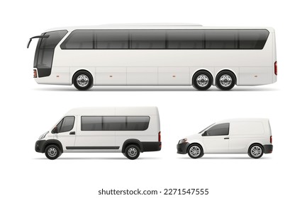 Side view Tourist Bus, Passenger Van and Company Car  Mockup set - editable vector template isolated on white background