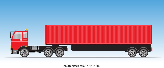 Side view of Trailer Cargo Container Truck with Blue sky background