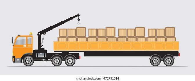 Side view of Trailer Cargo Truck with Crane  Vector Illustration
