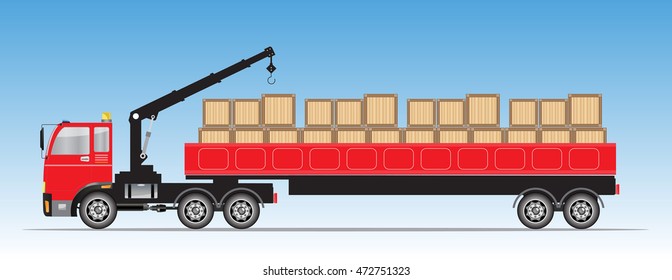 Side view of Trailer Cargo Truck with Crane  Vector Illustration