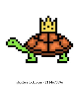 Side view turtle in a golden crown, pixel art character head isolated on white background. Old school 8 bit slot machine, video game graphics.Animal queen, princess, prince logo.Winner tortoise mascot