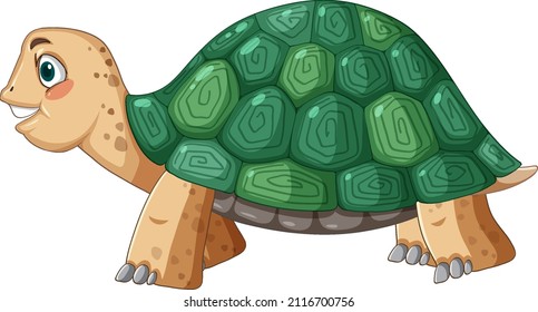 Side view of turtle with green shell in cartoon style illustration