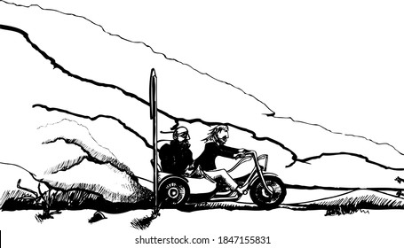 Side View Of Two Bikers Driving On A Motorcycle With Side Car