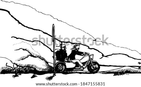 side view of two bikers driving on a motorcycle with side car
