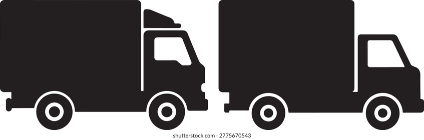 Side view of two black truck icons, transport and logistics concept, white background.