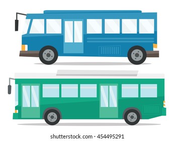 Side view of two city buses vector flat design illustration isolated on white background.