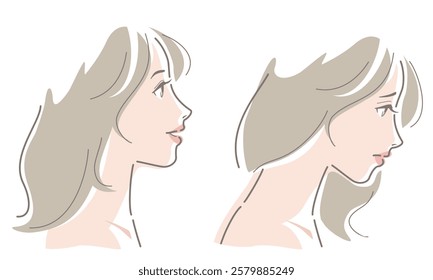 Side view of two types of women. Sad and happy expressions. Vector illustration in line drawing, isolated on white background.
