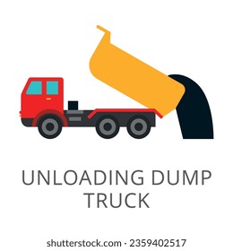 Side view of unloading dump truck flat vector icon. Cartoon drawing or illustration of heavy machinery or equipment for construction work on white background. Industry, technology concept