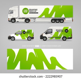 Side view Van, Car, Truck vector mockup set. Wrap design for branding and corporate identity vechicle. Abstract graphics of greens for business flyer background. Wrap design. Branding vehicle
 svg