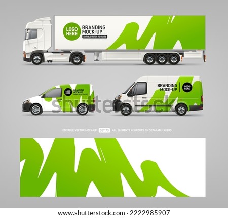 Side view Van, Car, Truck vector mockup set. Wrap design for branding and corporate identity vechicle. Abstract graphics of greens for business flyer background. Wrap design. Branding vehicle

