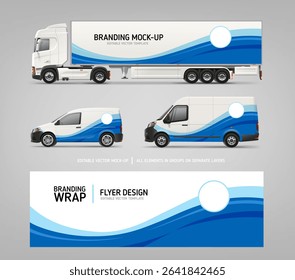Side view Van, delivery car and Truck mockup with blue branding wrap design. Branding graphics of abstract blue waves livery decal design for transport. Branding vehicle. Editable vector template