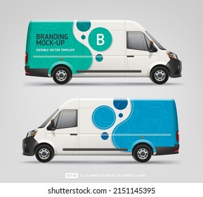 Side view Van Mock-up with abstract blue branding graphics design. Van with corporate identity company. Abstract  graphics for delivery car, company van and racing car. Editable Corporate Car Branding