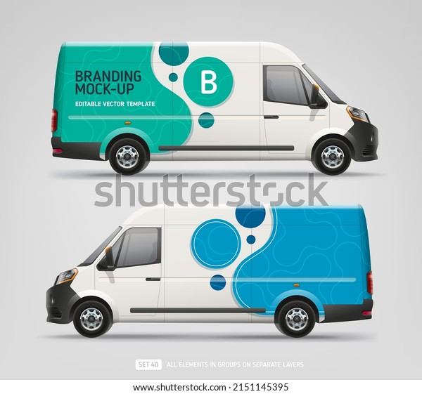 Side view Van Mock-up with abstract blue\
branding graphics design. Van with corporate identity company.\
Abstract  graphics for delivery car, company van and racing car.\
Editable Corporate Car\
Branding