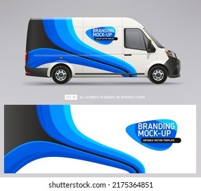 Vista lateral Mockup de Van y calcomanía de envolvimiento para el diseño de marca de livery. Van con una empresa de identidad corporativa. Gráficos abstractos de rayas azules Diseño de calcomanías para coches corporativos. Diseño de volante de negocios