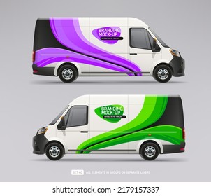 Side view Van mockup and wrap decal for livery branding design. Van with corporate identity company. Abstract purple and green stripes Wrap decal design for corporate Car