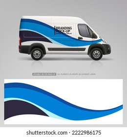 Side view Van mockup with wrap branding design. Wrap, sticker and decal design for company. Abstract blue graphics on corporate vehicle. Editable vector
