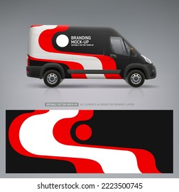 Side view Van mockup with wrap branding design. Wrap, sticker and decal design for company. Abstract back and red stripes graphics on corporate vehicle. Branding on business transport. Editable vector
