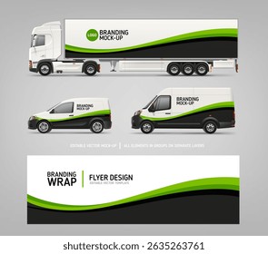 Side view Van, Truck mockup with green branding wrap design. Brand identity of abstract green stripe decal design for transport. Branding vehicle. Horizontal AD banner. Editable vector template
