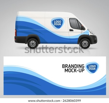 Side view Van, Truck mockup with blue branding wrap design. Branding graphics of abstract blue waves decal design for transport. Branding vehicle. Horizontal AD banner. Editable vector template