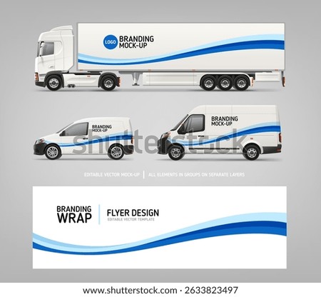 Side view Van, Truck mockup with blue branding wrap design. Brand identity of abstract blue stripe decal design for transport. Branding vehicle. Horizontal AD banner. Editable vector template