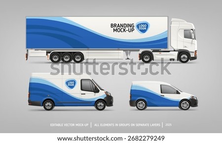 Side view Van, Truck mockup with blue stripe branding design (set 9). Brand identity of blue stripe  wave for your logo design space. Branding vehicle. Horizontal AD banner. Editable vector template