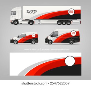 Vista lateral Van, conjunto de montagem de reboque caminhão com design de marca. Gráficos abstratos de design de decalque de listras vermelhas para transporte. Veículo de marca. Banner horizontal do AD. Modelo de vetor editável
