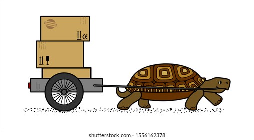 Side View Of A Vector Cute Land Turtle Carrying A Cart With Boxes. Cardboard Boxes With Marking. Slow Delivery. Isolated On A White Background. Symbol Of Slowness
