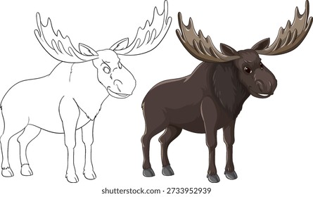 A side view vector illustration of a bull moose in colored and outline versions