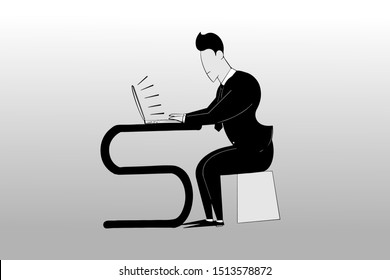 side view vector illustration of a businessman working at a computer