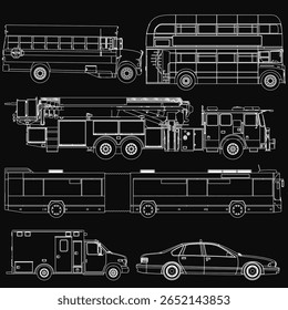 Side view vector illustration of emergency and transport vehicle outlines, including a fire truck, ambulance, school bus, taxi, and city bus, with clean white lines on a black background.